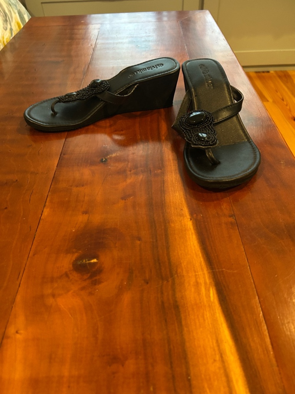 Club Monaco Black Beaded Wedge Thong Sandals